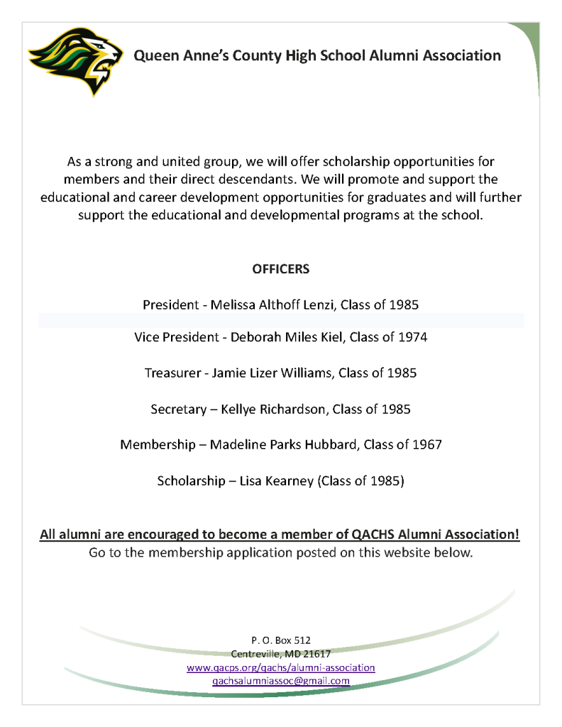 Queen Anne's County High School Alumni Association Officers - click to view PDF